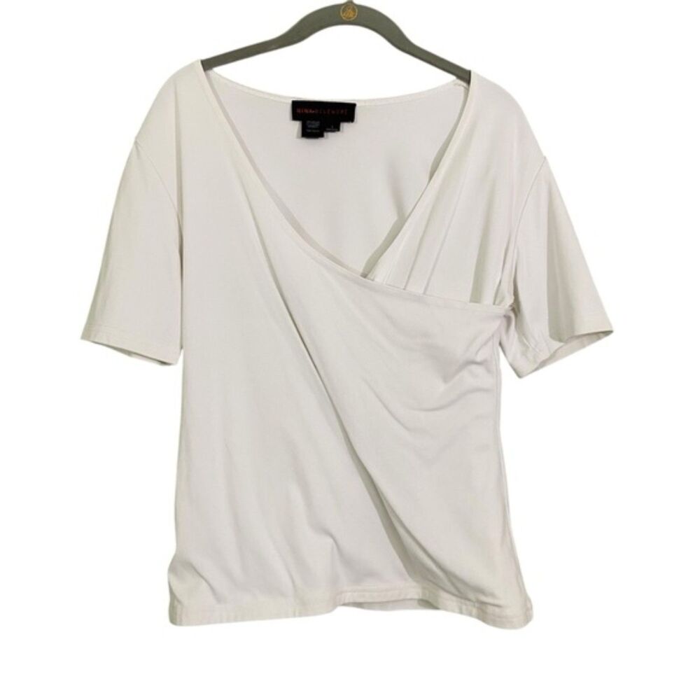 Nina McLemore Solid White Faux Wrap Short Sleeve Shirt Top Large